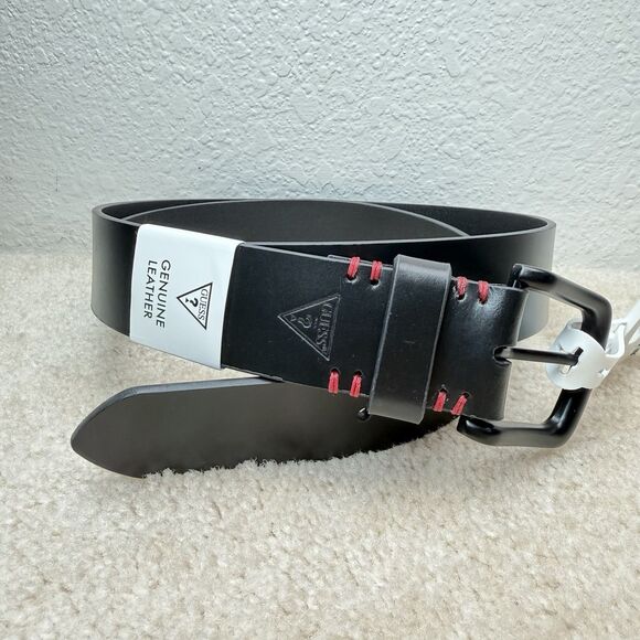 NWT GUESS Black Genuine Leather Belt Red Stitching Size XL 42 - 44 Men's - Picture 1 of 8